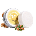 Argan oil coconut oil jojoba solid conditioner bar in white with silver tin container featuring argan and coconut oils