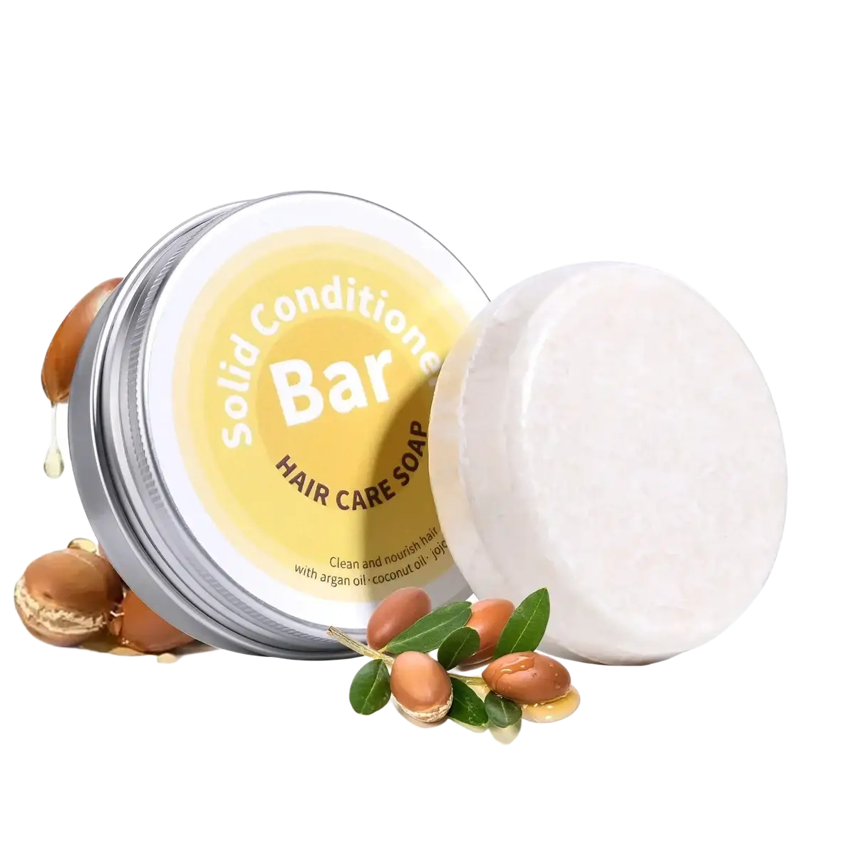 Argan oil coconut oil jojoba solid conditioner bar in white with silver tin container featuring argan and coconut oils