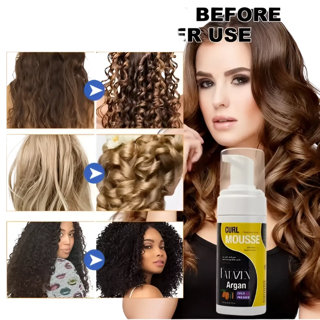 A white and yellow bottle of l’infini argan curl mousse with pump dispenser for strong hold hair styling foam