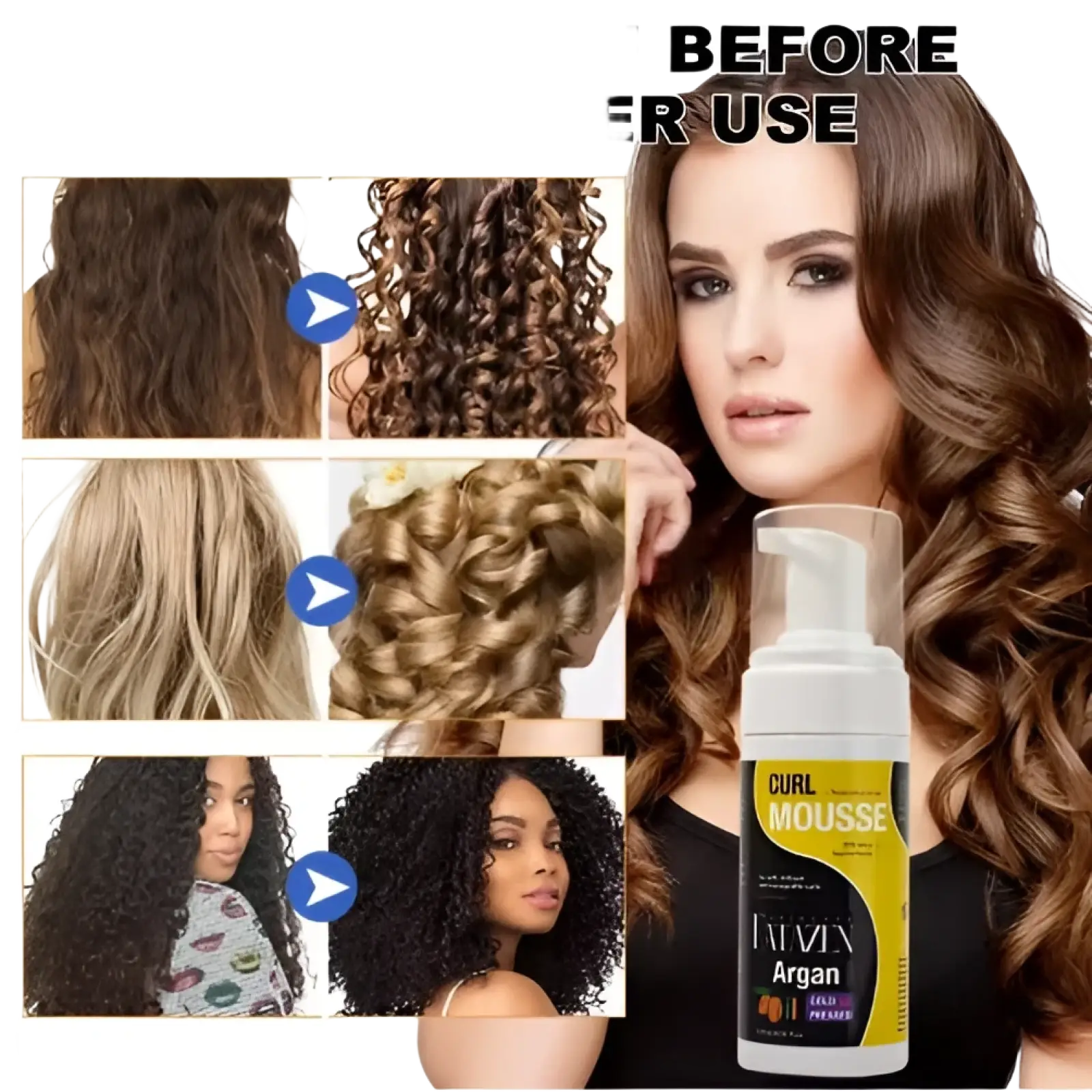 A white and yellow bottle of l’infini argan curl mousse with pump dispenser for strong hold hair styling foam