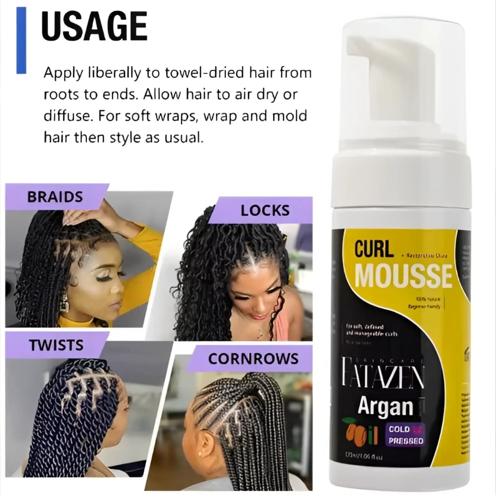 White and yellow failazen argan oil curl mousse bottle with pump dispenser for strong hold hair styling foam