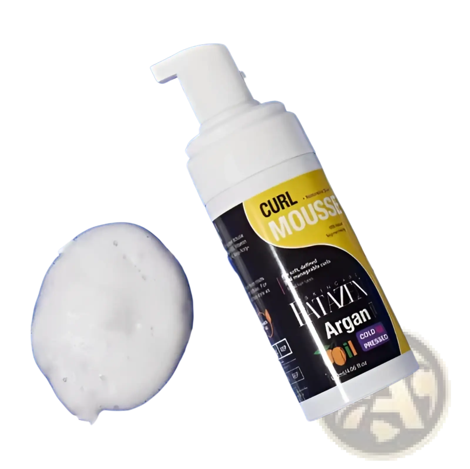 White plastic bottle of fatazan argan curl mousse with yellow and black label and pump dispenser for strong hold styling foam