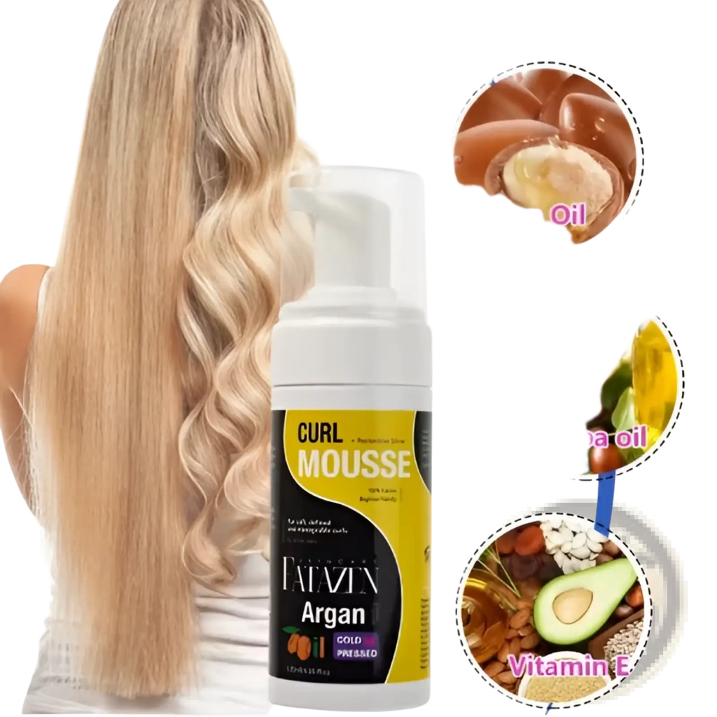 A white and yellow pump bottle of Fatazin Argan curl mousse with black label featuring argan oil and strong hold formula