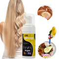 A white and yellow pump bottle of Fatazin Argan curl mousse with black label featuring argan oil and strong hold formula