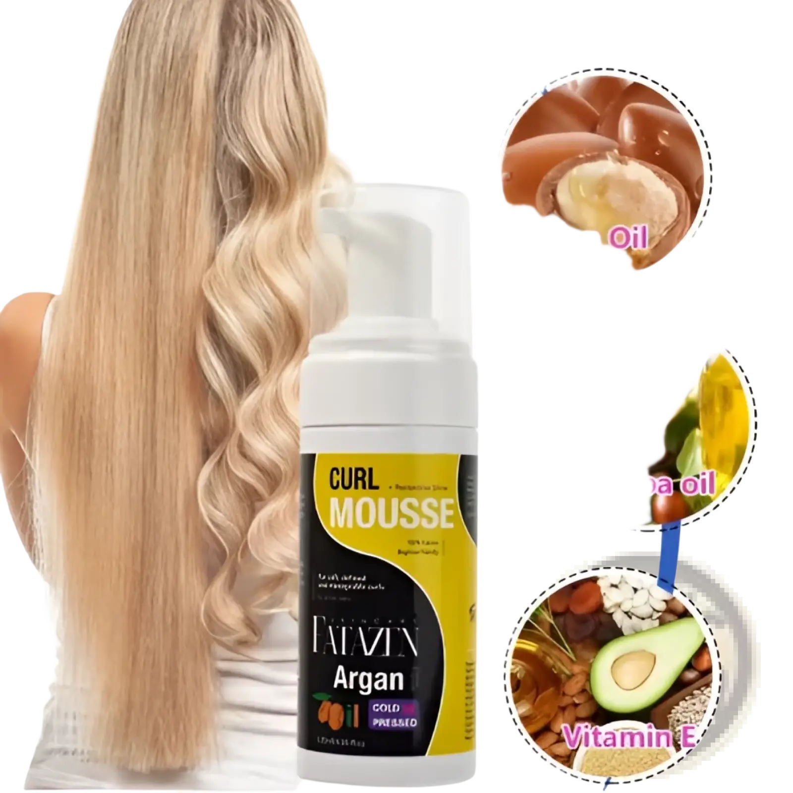 A white and yellow pump bottle of Fatazin Argan curl mousse with black label featuring argan oil and strong hold formula