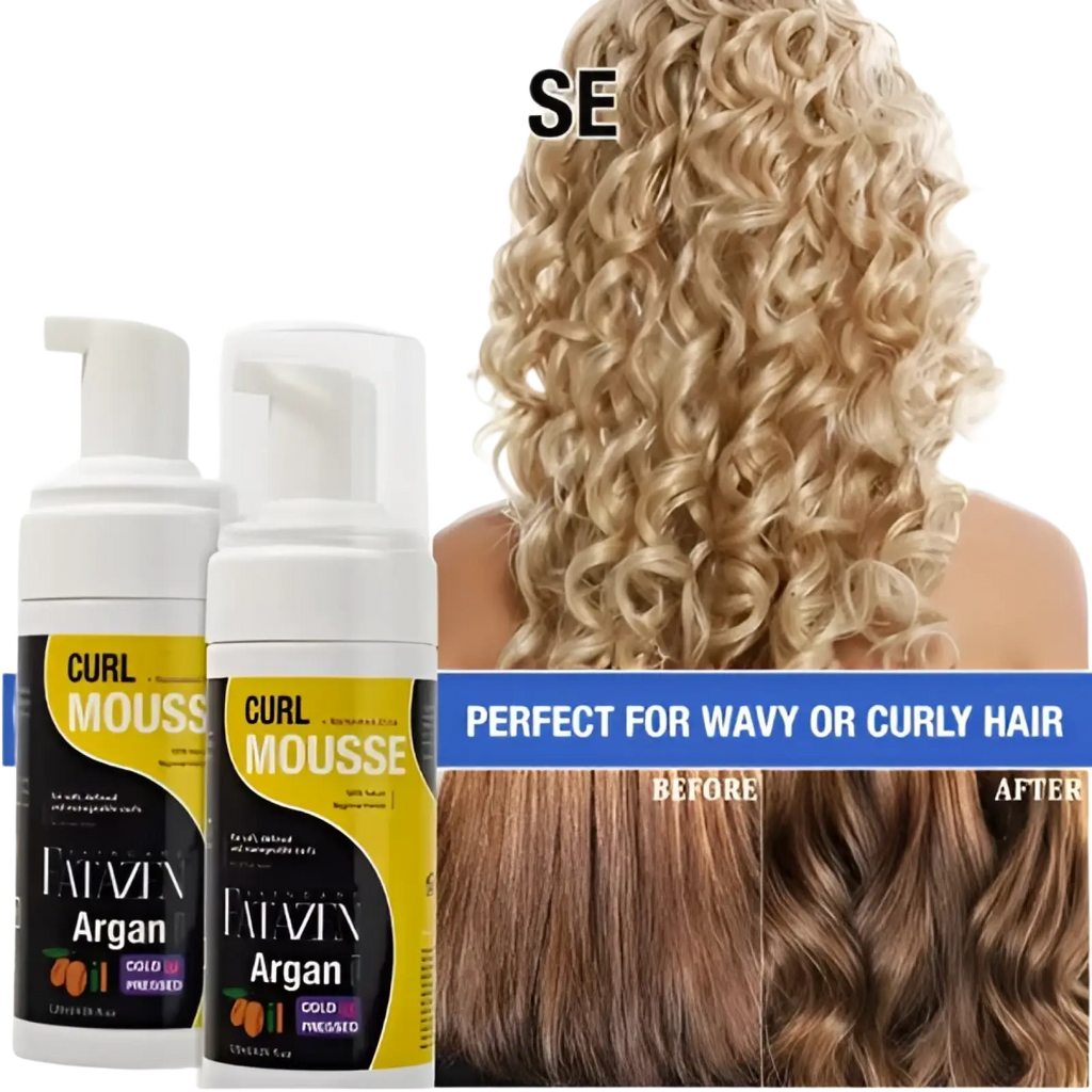 Two white pump bottles of Favivn Argan Oil Curl Mousse with yellow black labels showing before and after hair transformation