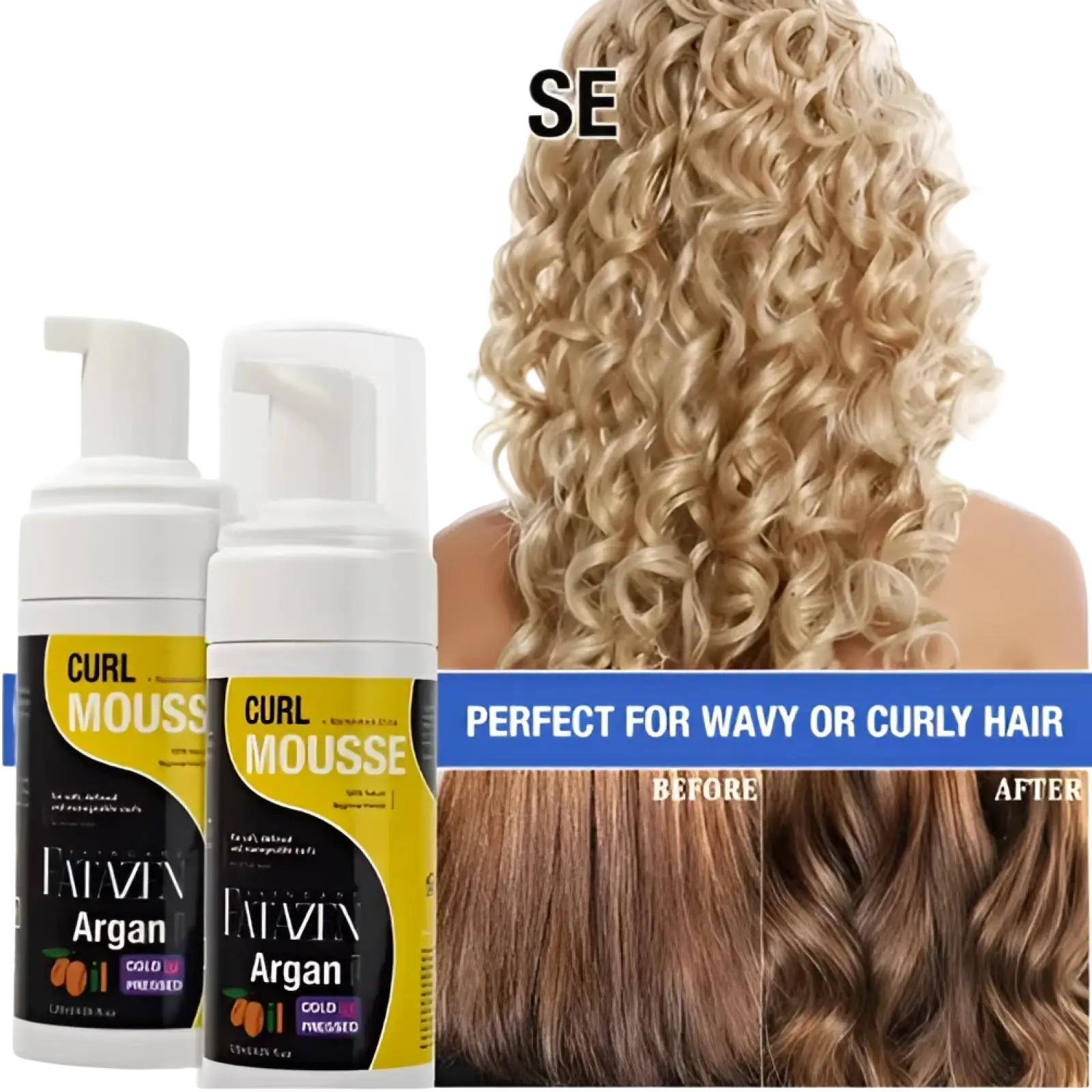 Two white pump bottles of Favivn Argan Oil Curl Mousse with yellow black labels showing before and after hair transformation