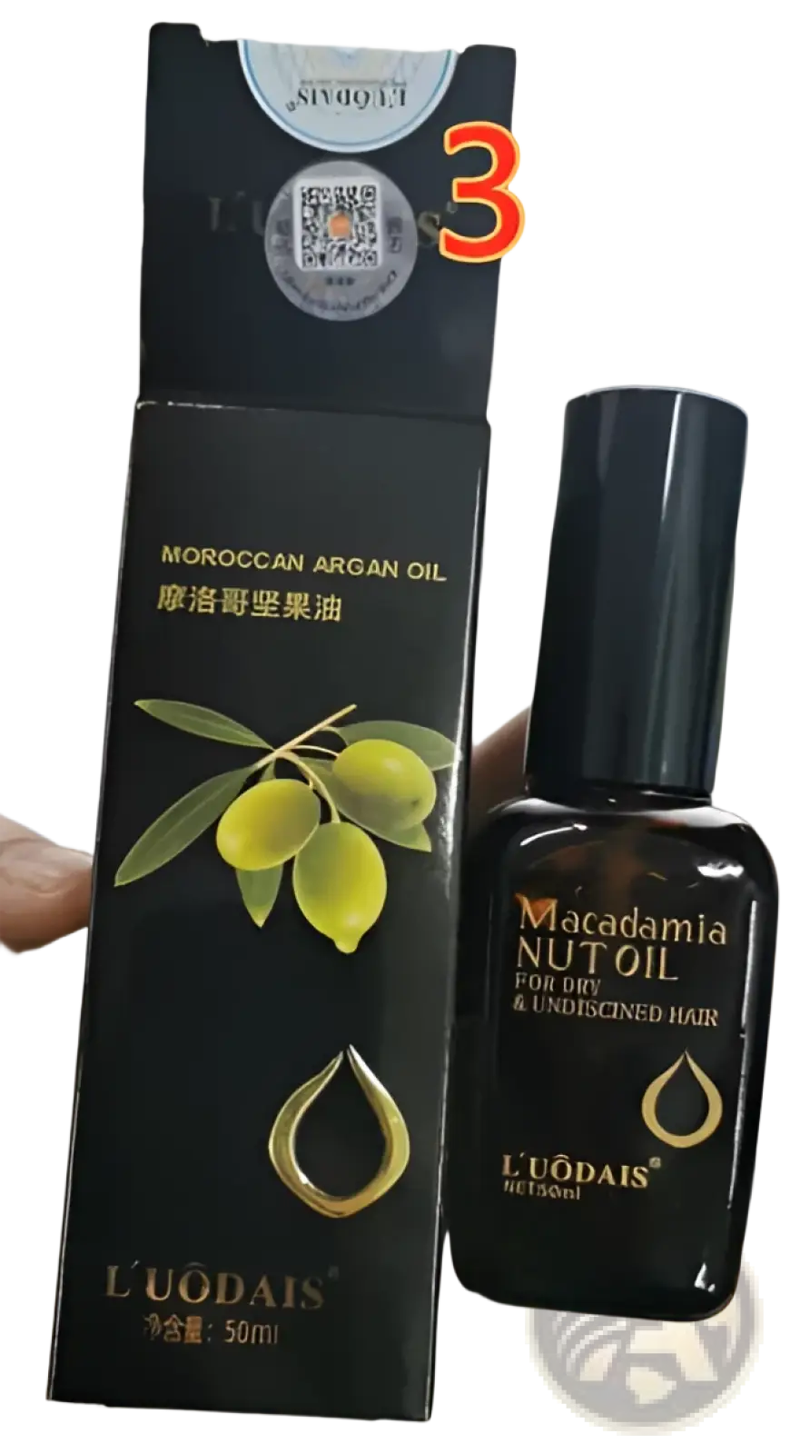 Black glass bottle of l’uodais macadamia nut oil with gold droplet logo for argan oil hair care 50ml capacity