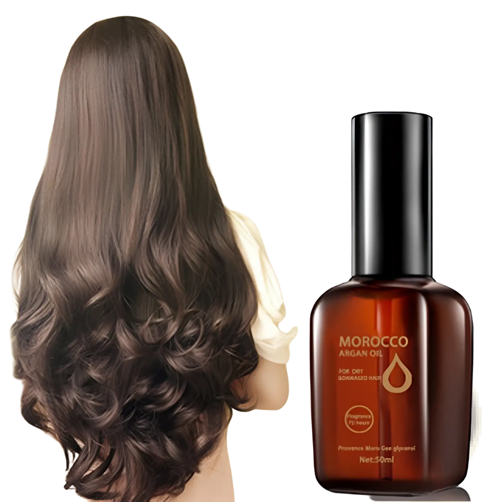 A sleek amber glass bottle of Morocco Argan Oil hair care for dry damaged hair with gold text and black cap