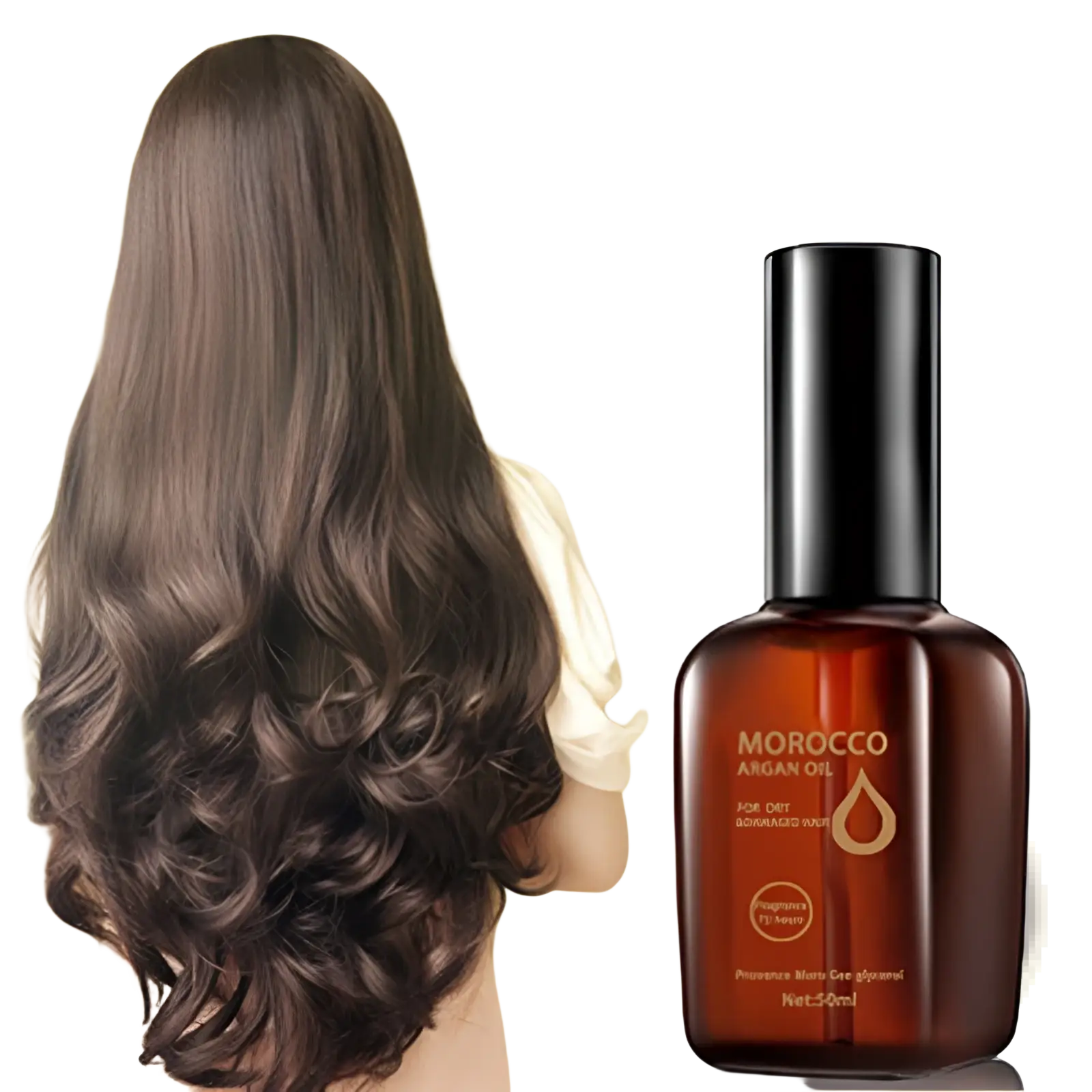 A sleek amber glass bottle of Morocco Argan Oil hair care for dry damaged hair with gold text and black cap