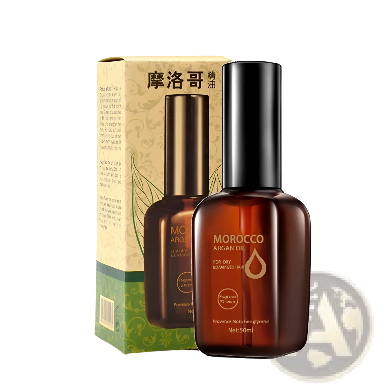 A sleek amber glass bottle of Morocco argan oil with black cap and gold lettering for dry damaged hair care 50ml
