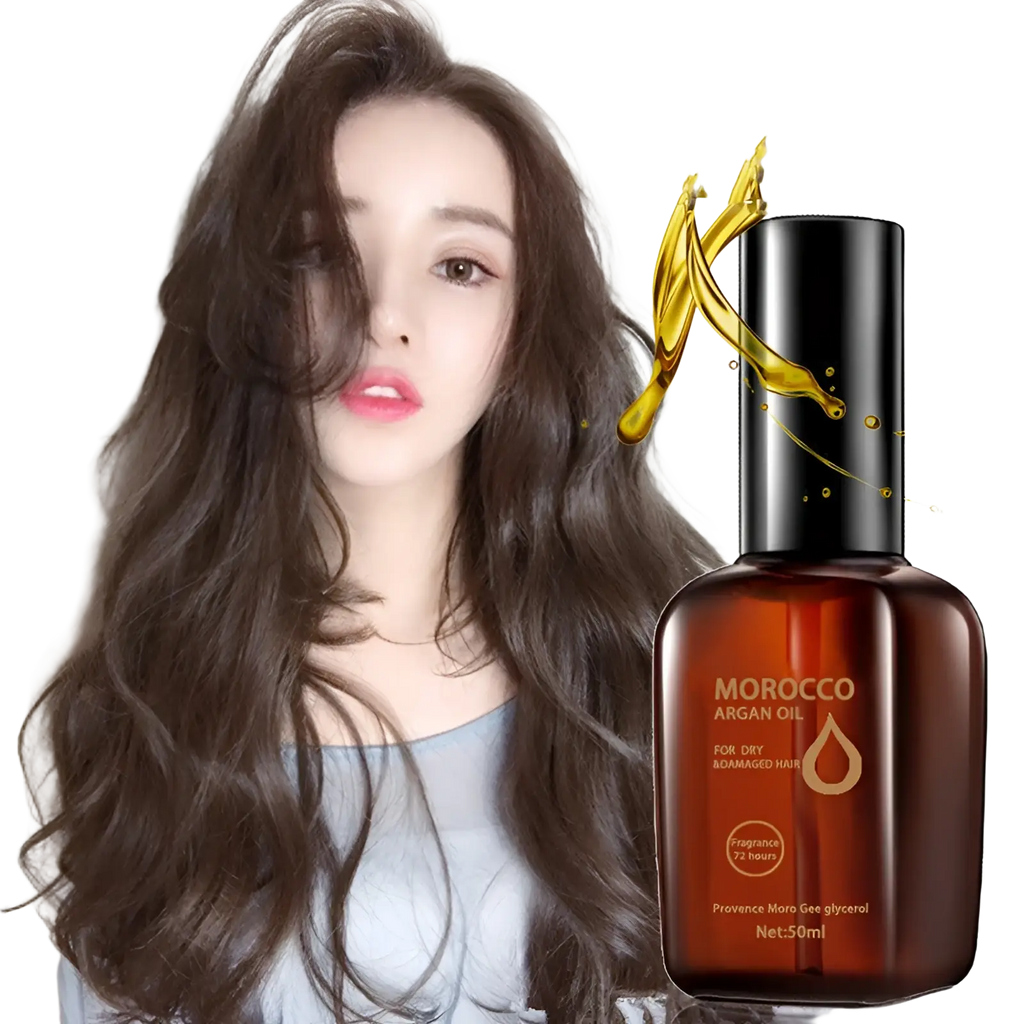 A sleek amber glass bottle of Morocco argan oil for dry damaged hair with black cap and gold liquid splashes 50ml