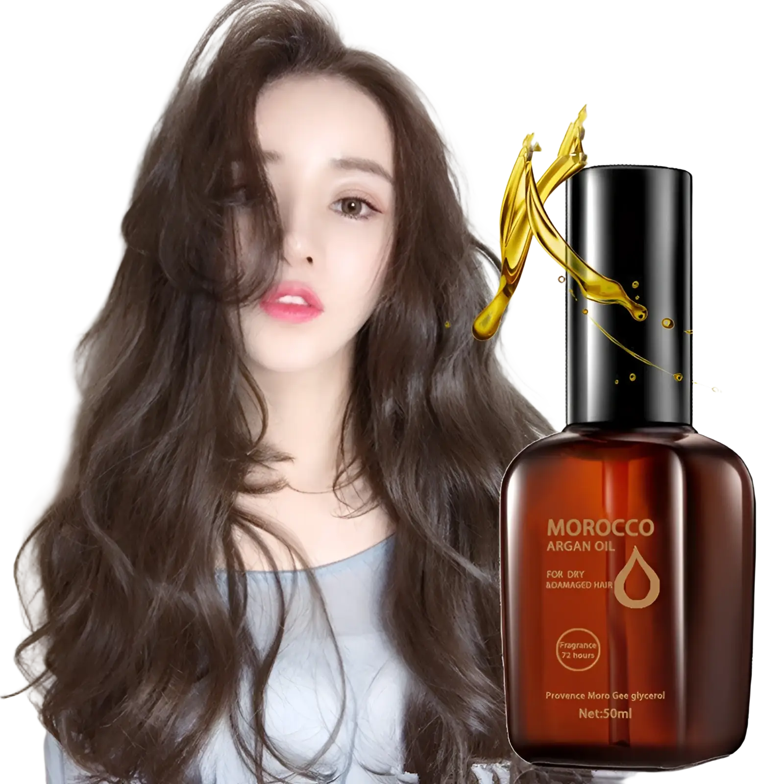 A sleek amber glass bottle of Morocco argan oil for dry damaged hair with black cap and gold liquid splashes 50ml