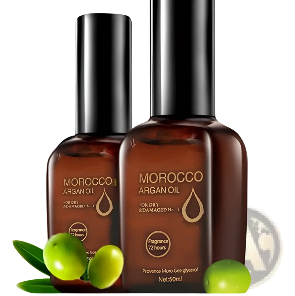 Two amber glass bottles of moroccan argan oil hair care with black caps and gold lettering for dry damaged hair 50ml