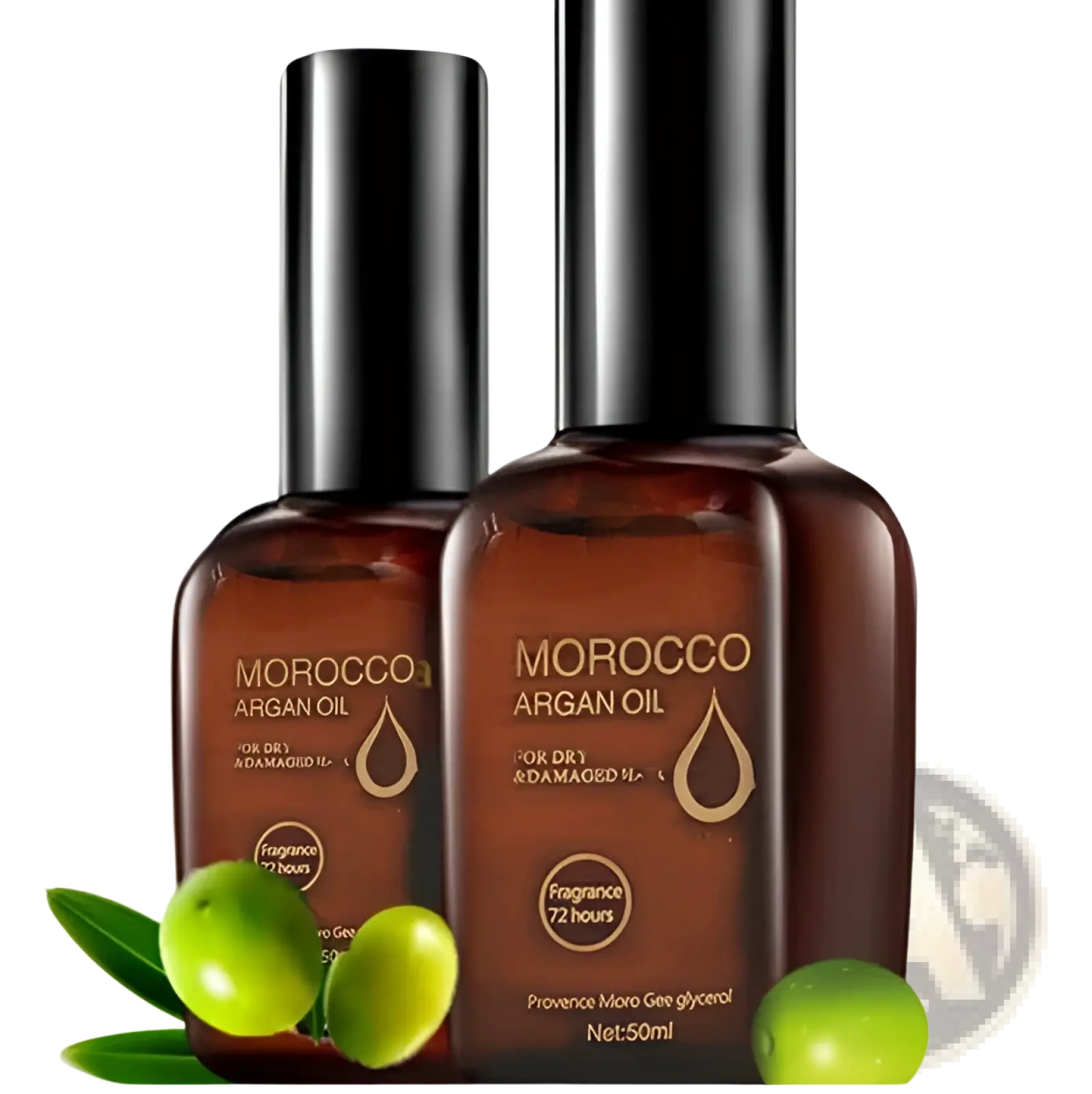 Two amber glass bottles of moroccan argan oil hair care with black caps and gold lettering for dry damaged hair 50ml