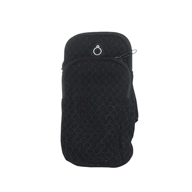 Black mesh-textured arm bag with silver circular logo and zipper closure for running and gym phone holder