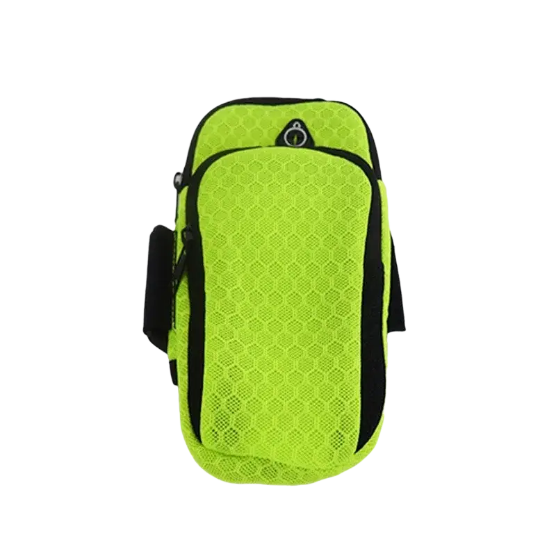 Bright neon green mesh arm bag with black trim and circular logo designed for running and gym phone holder use