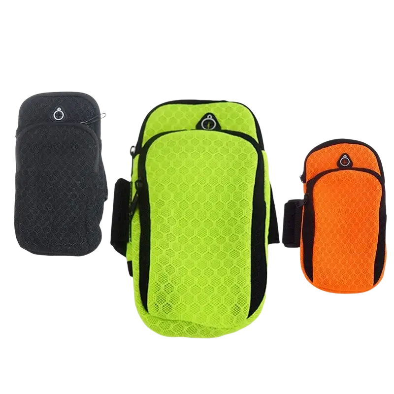 Bright neon green arm bag with black trim mesh texture zippered main compartment and side pocket for running and gym use
