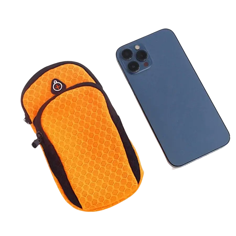 Bright orange hexagonal-patterned arm bag with black trim and zipper designed for running and gym phone holder use