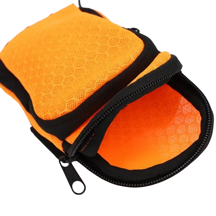 Bright orange mesh arm bag with black zipper and trim designed for running and gym phone holder use