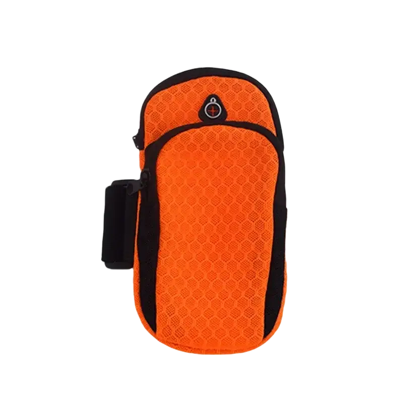 Bright orange mesh arm bag with black trim and small logo designed as a running and gym phone holder