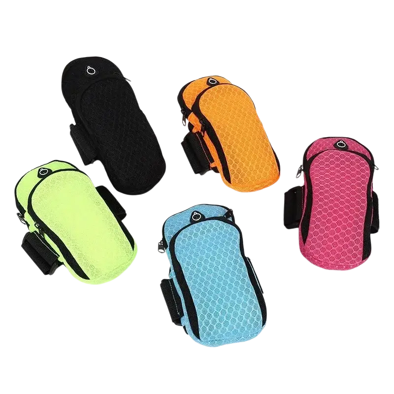 Brightly colored mesh arm bags in black orange neon green light blue and pink with black zippers for running and gym use