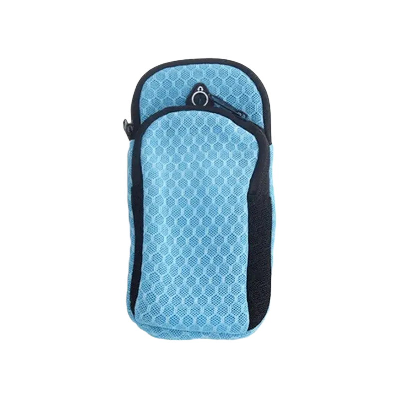Light blue mesh arm bag with black trim and zipper designed for running and gym phone holder use