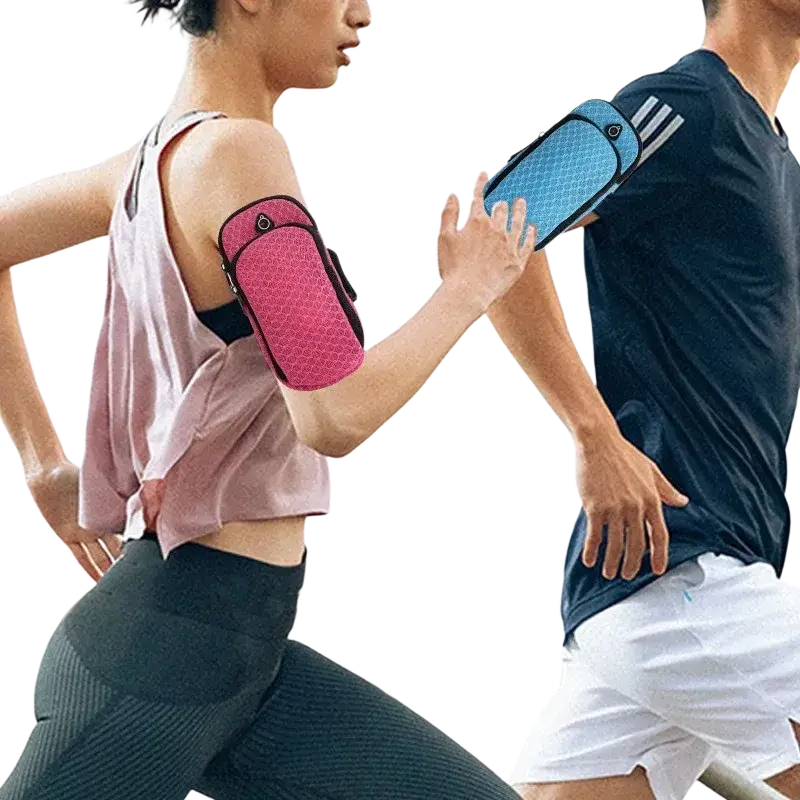 Arm bag for running and gym phone holder featuring pink and blue mesh armbands with black trim for secure fit