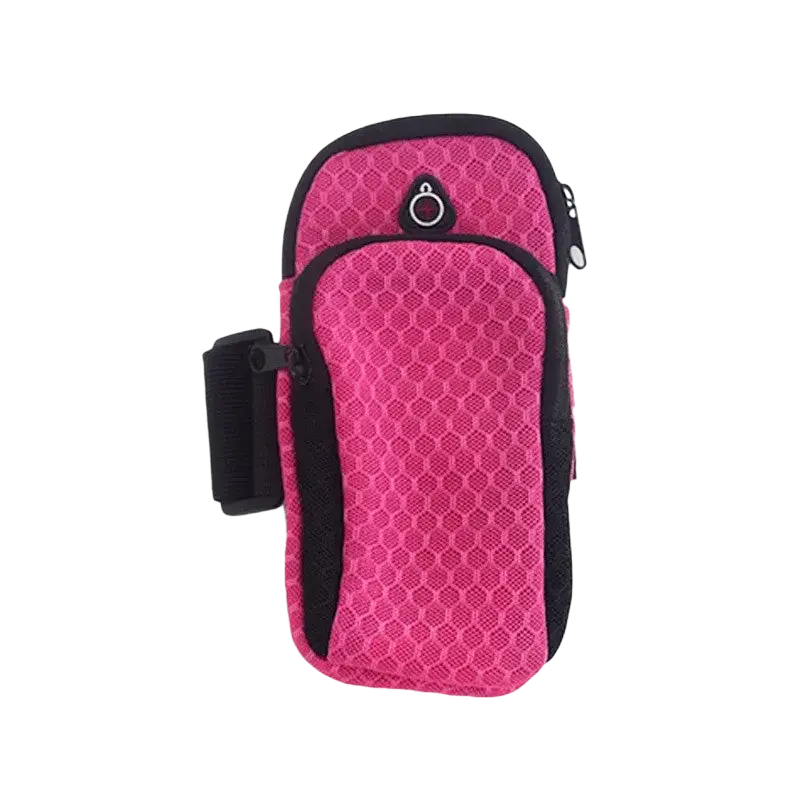 Pink mesh arm bag with black trim and zipper details designed for running and gym phone holder use