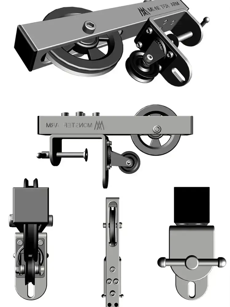 Industrial-grade metal pulley system with multiple wheel assemblies and mounting brackets on arm wrestling table back side