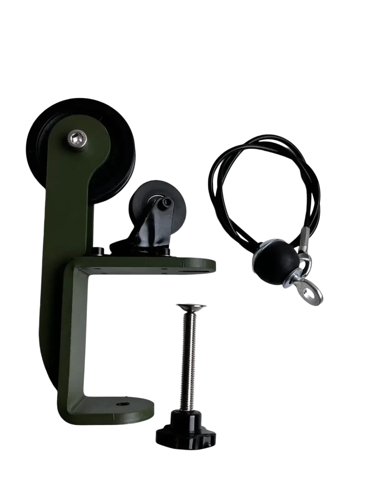 Olive green metal arm wrestling table pulley system with black rubber wheels and coiled black cord visible from the back side