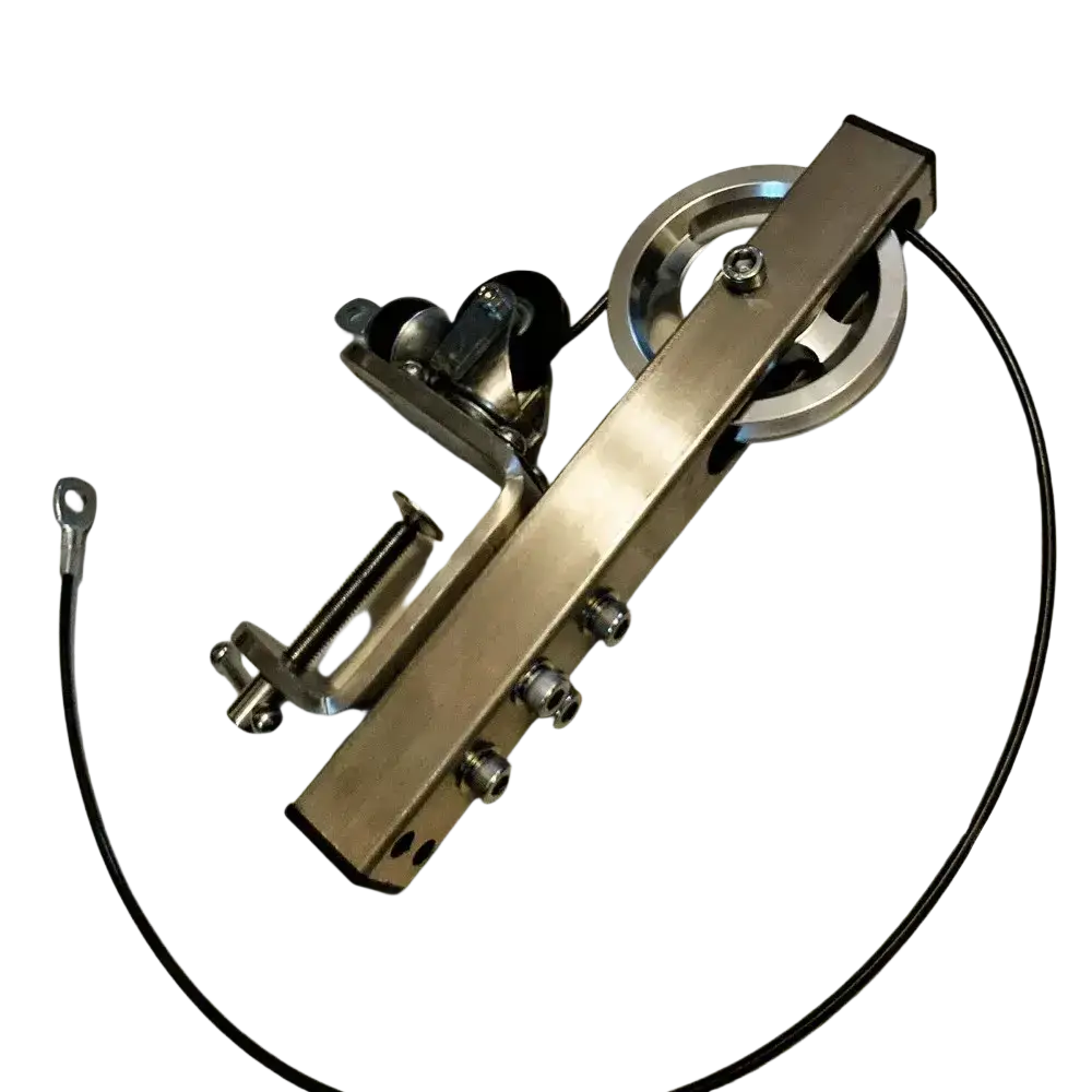 Arm wrestling table with sleek metallic sliding door pulley system featuring polished brass finish and black cable