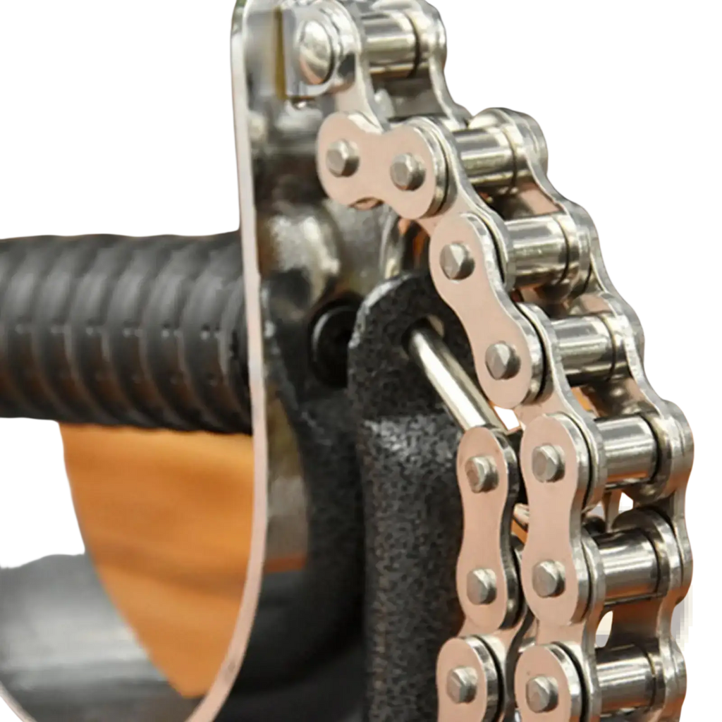 Shiny silver forearm grip exerciser with polished metallic links and riveted plates for arm wrestling training