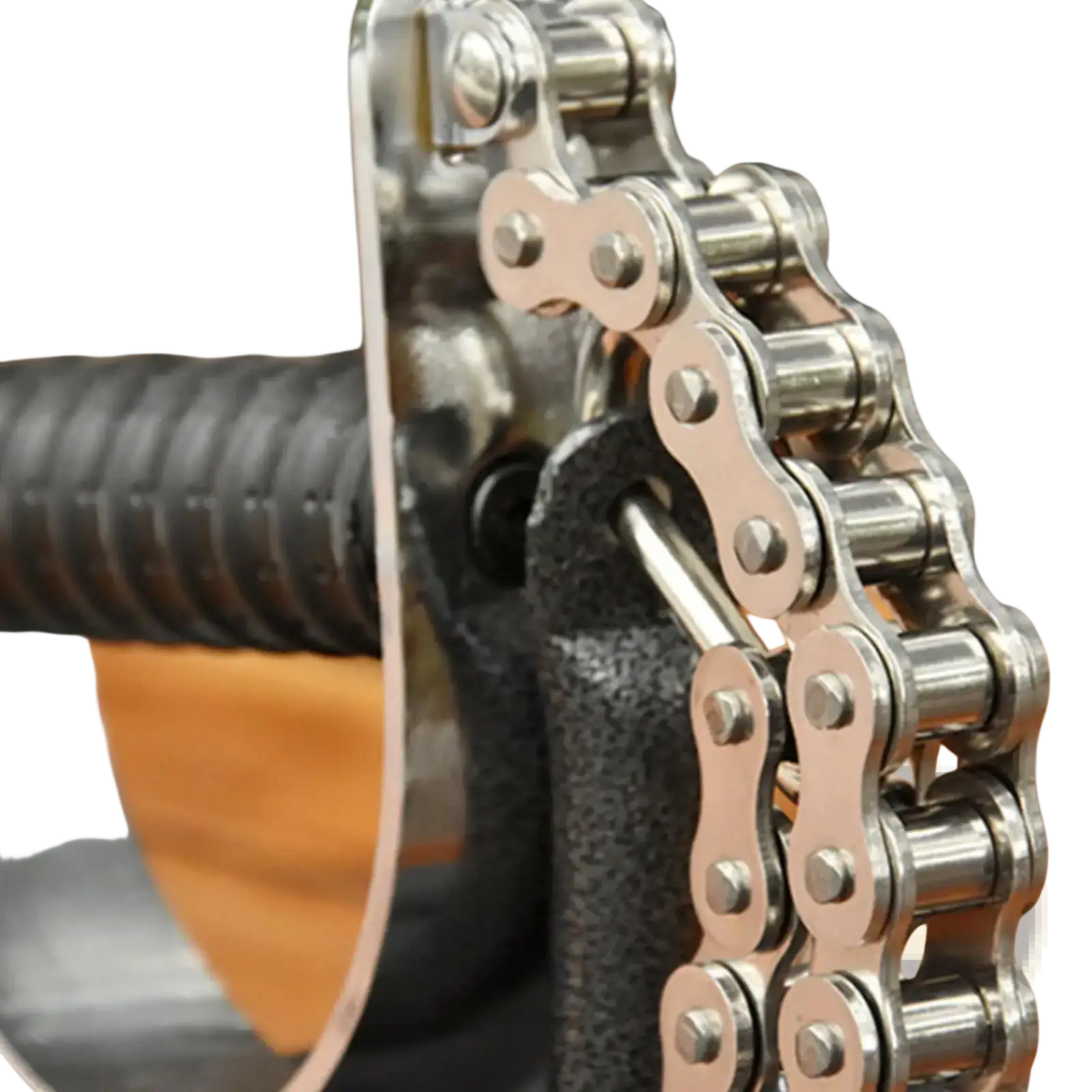 Shiny silver forearm grip exerciser with polished metallic links and riveted plates for arm wrestling training