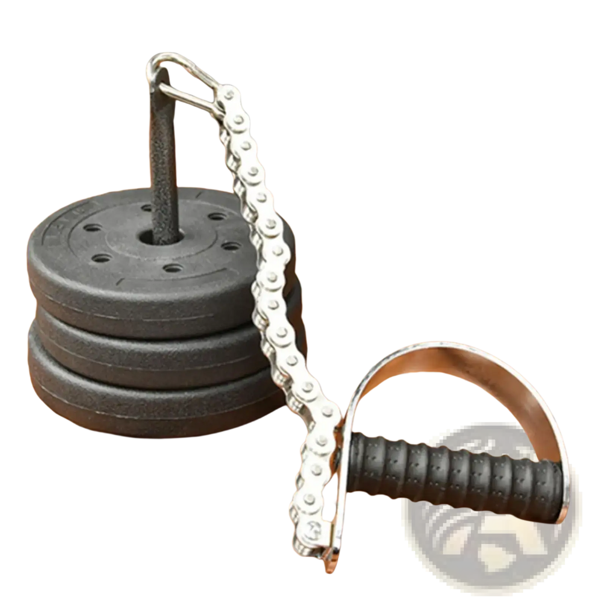 Silver chain pull handle with black textured grip and black weight plates for arm wrestling training forearm grip exerciser
