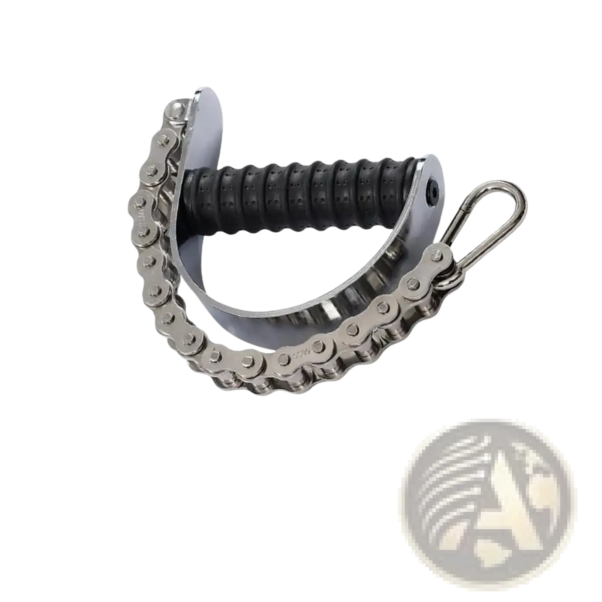 Silver metal chain arm wrestling training equipment forearm grip exerciser with black rubber handle and carabiner clip