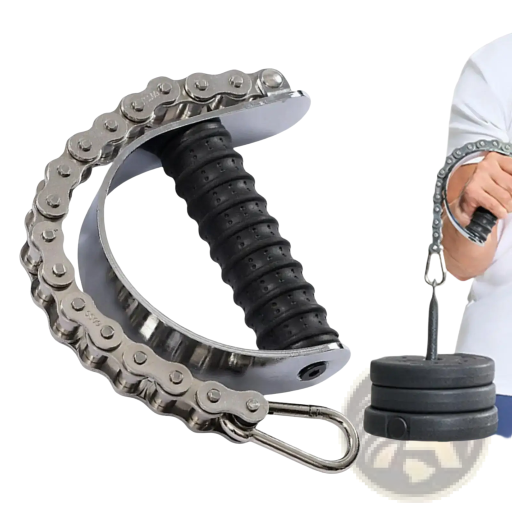 Silver arm wrestling training forearm grip exerciser with black textured rubber handle and attached weight plates