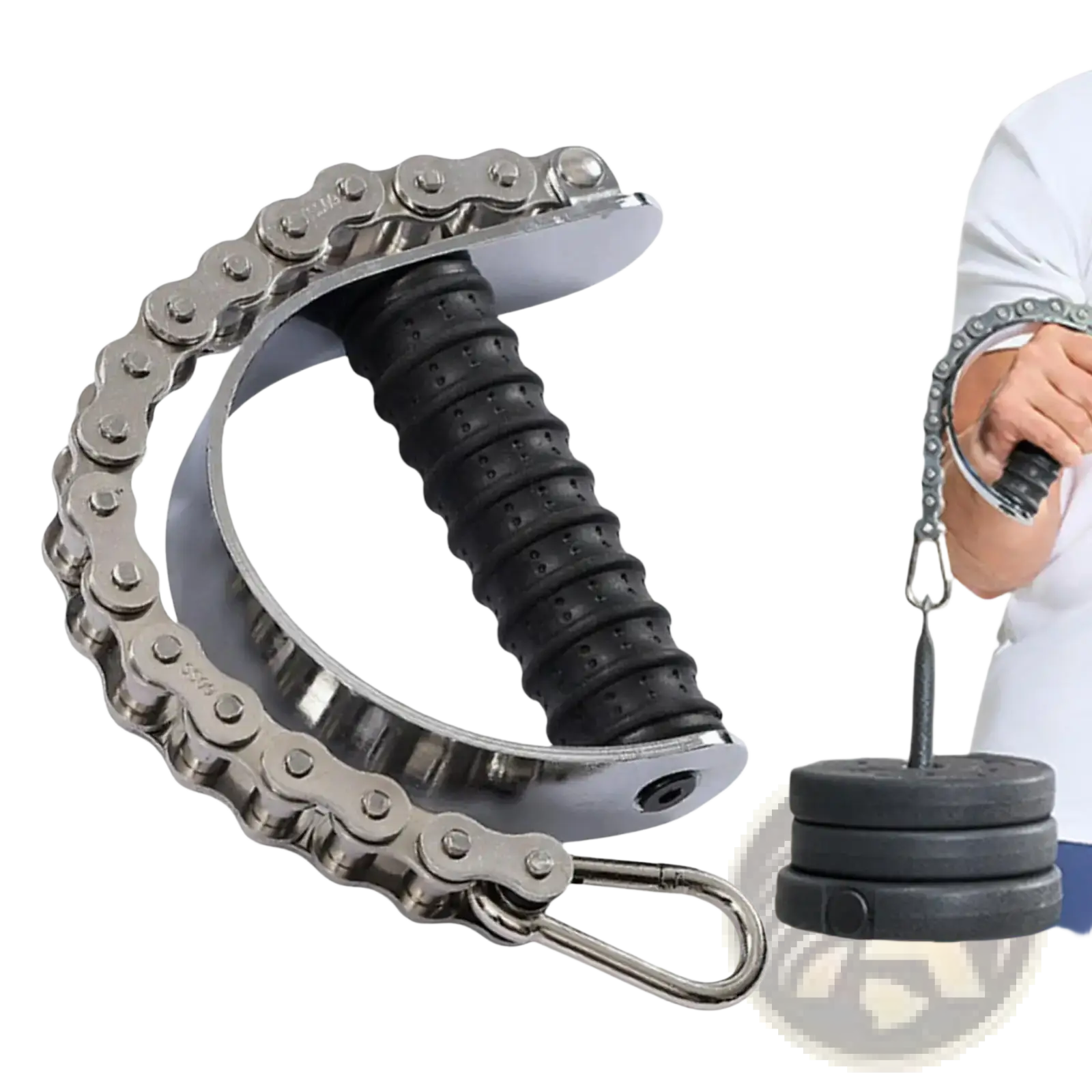 Silver arm wrestling training forearm grip exerciser with black textured rubber handle and attached weight plates