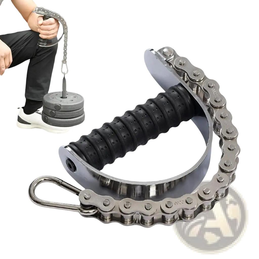 Silver chain arm wrestling training forearm grip exerciser with black rubber grip and metal hook for strength training