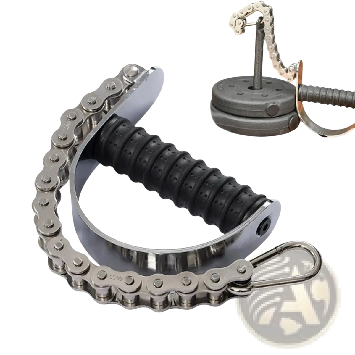 Silver arm wrestling training forearm grip exerciser with bicycle chain handlebar and black rubberized wrap