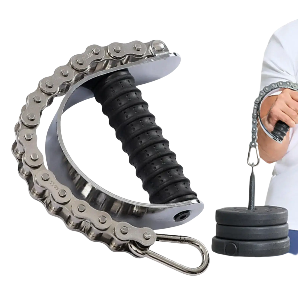Silver arm wrestling training forearm grip exerciser with black textured rubber handle and attached weight plates