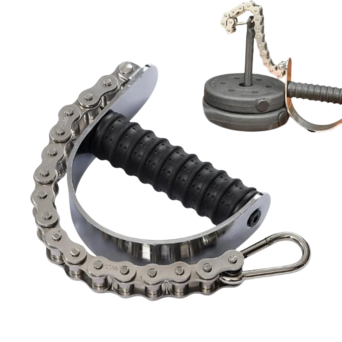 Silver arm wrestling training forearm grip exerciser with bicycle chain handlebar and black rubberized wrap