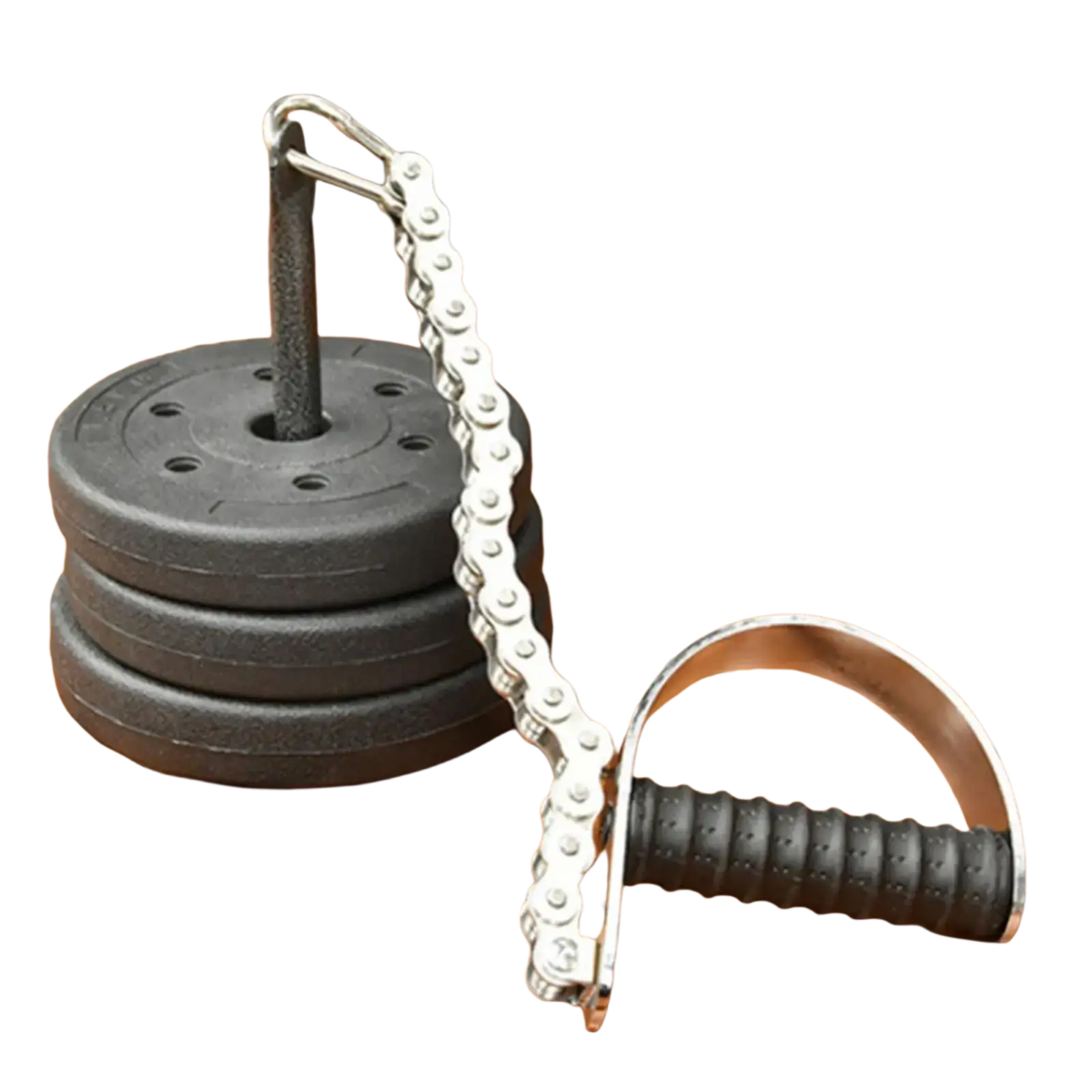 Silver chain pull handle with black textured grip and black weight plates for arm wrestling training forearm grip exerciser