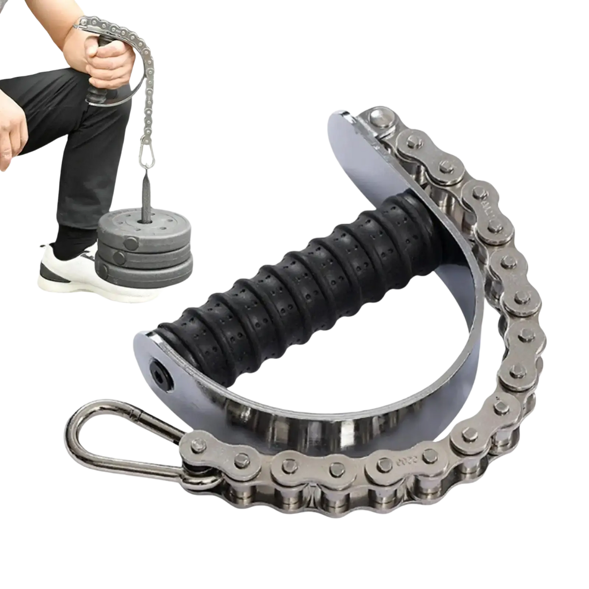 Silver chain arm wrestling training forearm grip exerciser with black rubber grip and metal hook for strength training