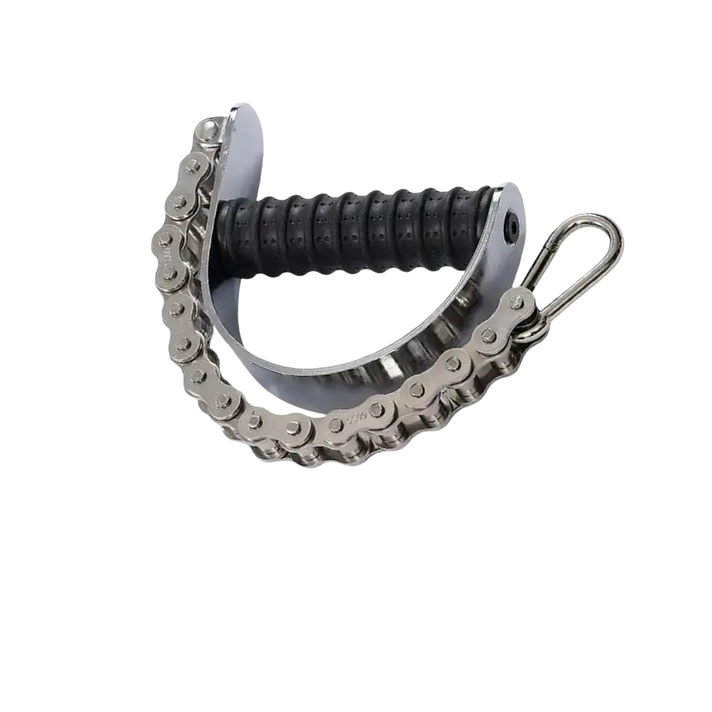 Silver metal chain arm wrestling training equipment forearm grip exerciser with black rubber handle and carabiner clip