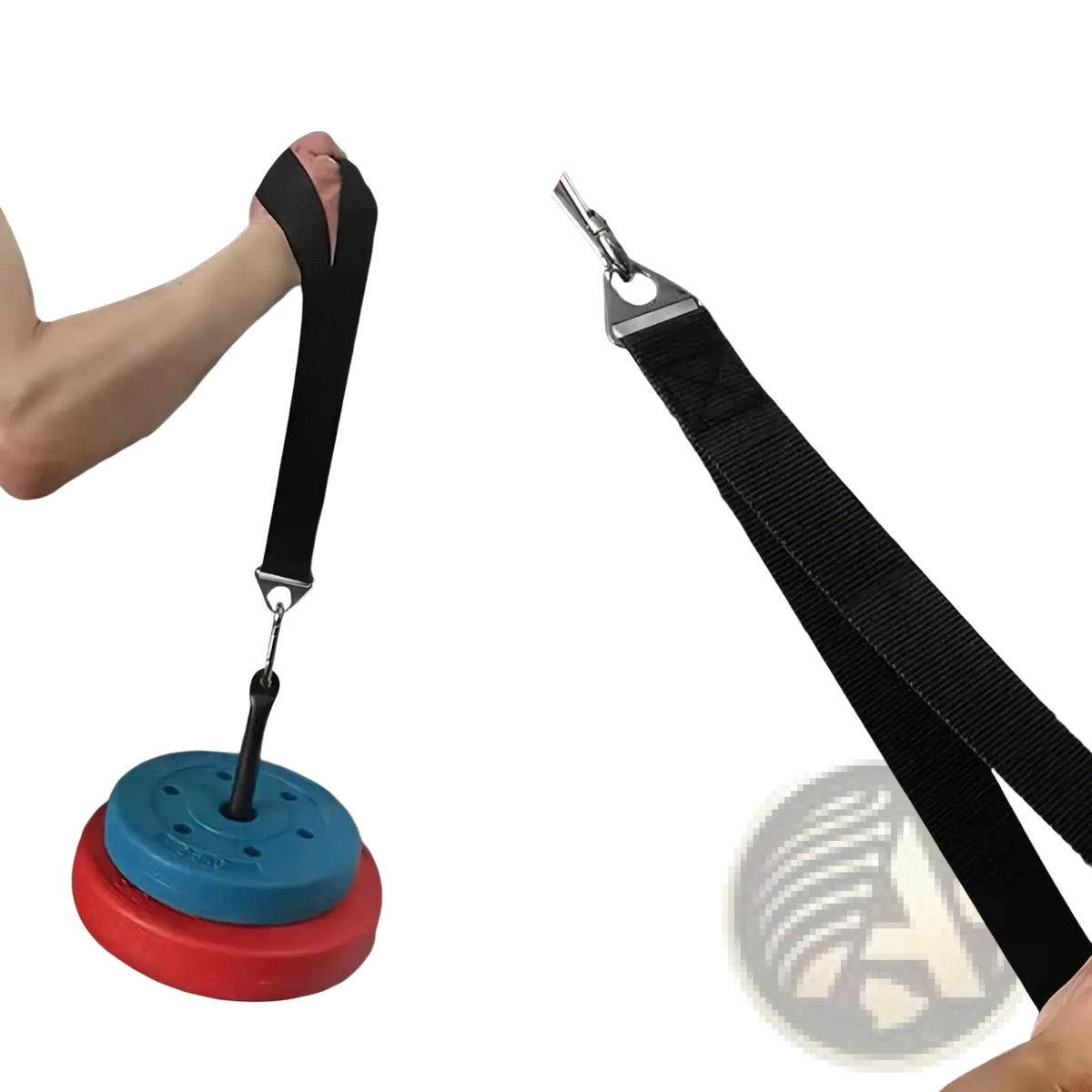 Black fabric arm wrestling training strap with metal hook and silver carabiner attached to weight stack discs