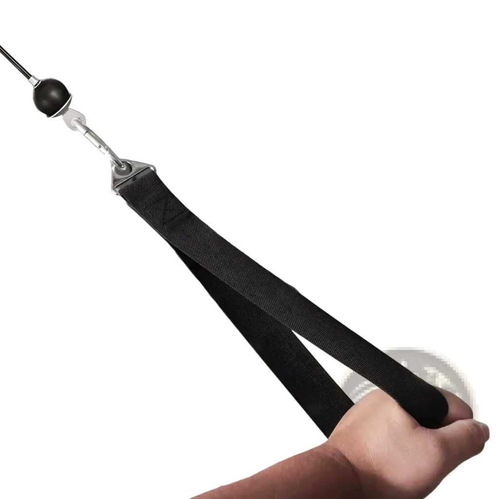 Black fabric grip handle with metallic attachment for arm wrestling training strap and wrist strengthener cable machine