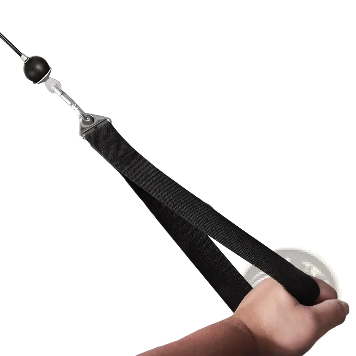 Black fabric grip handle with metallic attachment for arm wrestling training strap and wrist strengthener cable machine