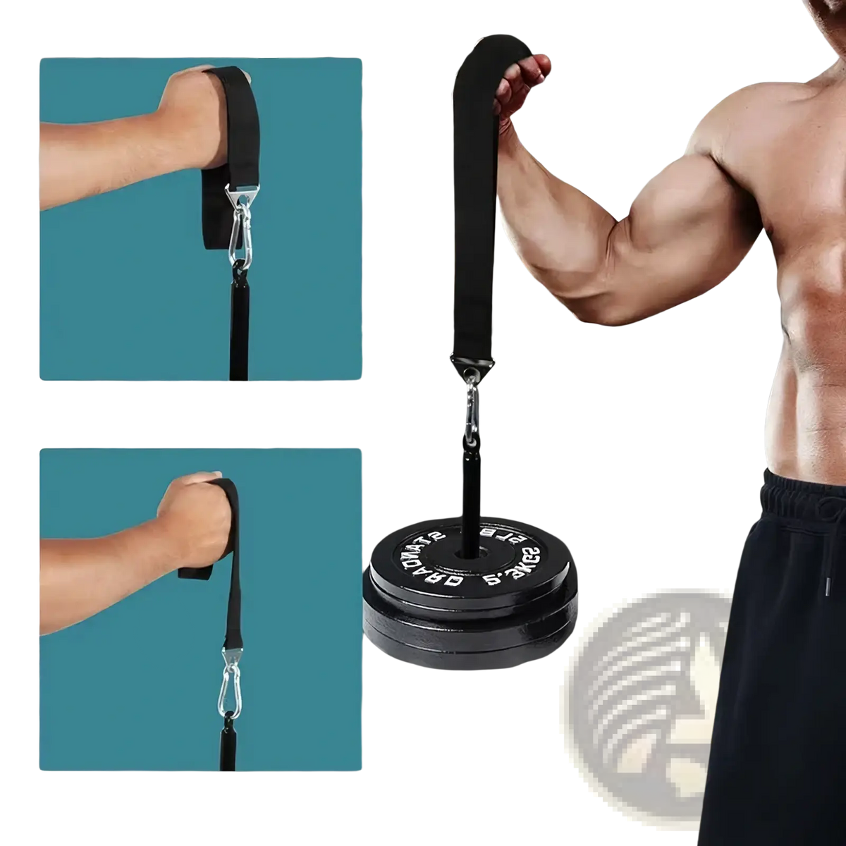 Black neoprene arm wrestling training strap with metal carabiner and adjustable length for wrist strengthening