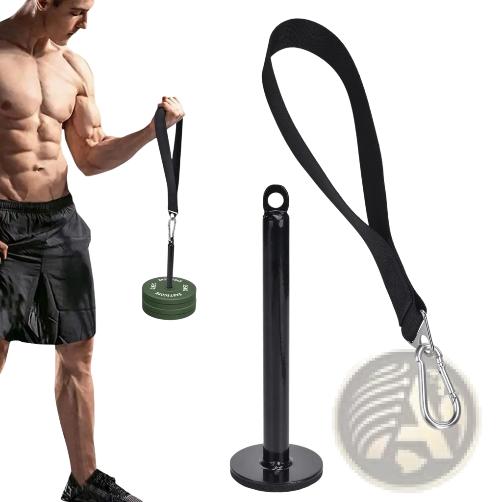 Black weighted arm wrestling training strap with green weight plates and silver carabiner clip for wrist strengthening